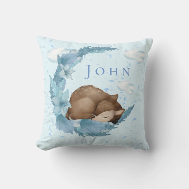Oh, Deer & blue Clouds Dust Baby boy Nursery Throw Pillow (Front)