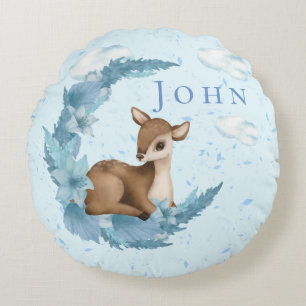Oh, Deer & blue Clouds Dust Baby boy Nursery Throw Round Pillow
