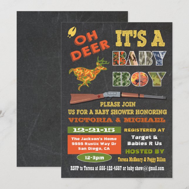 Oh Deer Chalkboard Camo Baby shower Invitation (Devant / Derrière)