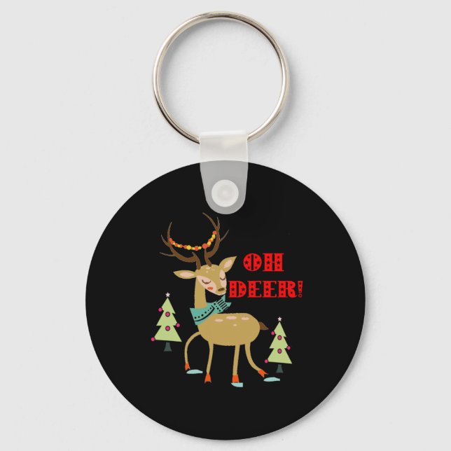 Oh Deer! Christmas Deer With Trees Gift  Keychain (Front)