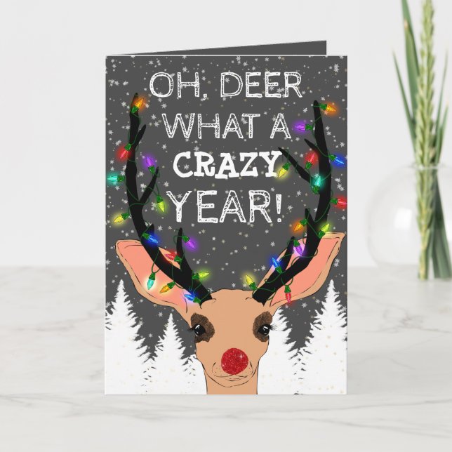 Oh Deer Crazy Year Reindeer Lights Christmas Holiday Card (Front)