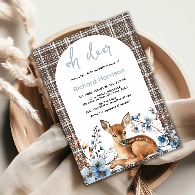 Oh deer cute forest rustic florals baby shower invitation (Oh deer rustic blue florals with cute forest deer baby shower invitation, gender neutral, woodland )
