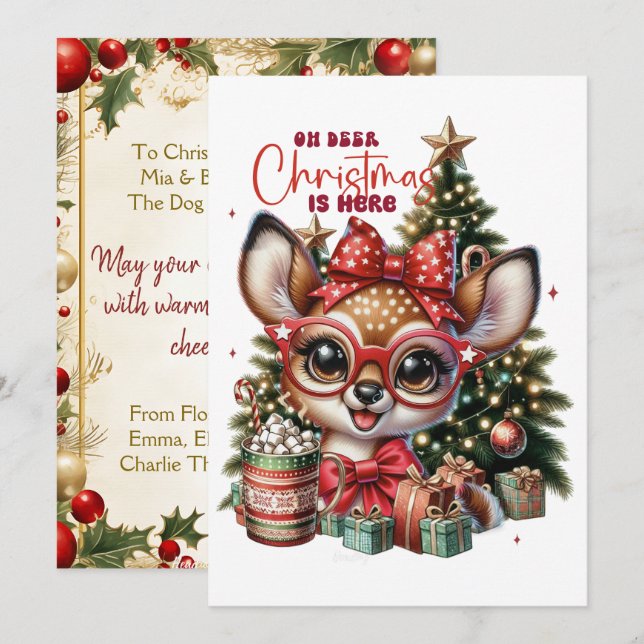 Oh Deer Cute Reindeer Carte de Noël (Devant / Derrière)