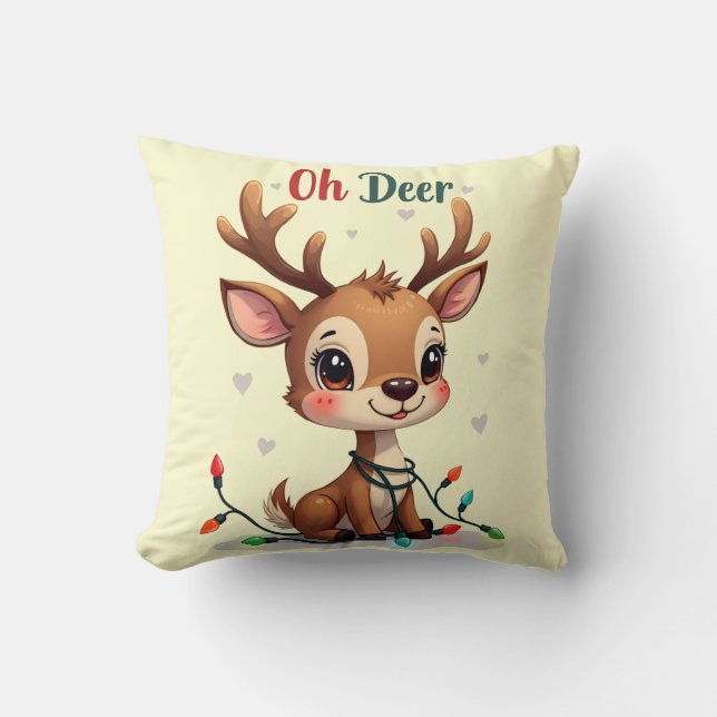 “Oh Deer” Cute Reindeer Christmas Throw Pillow (Front)
