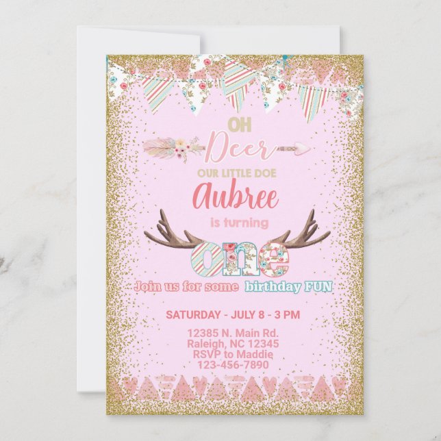 Oh deer girl birthday invitation, little doe. invitation (Front)