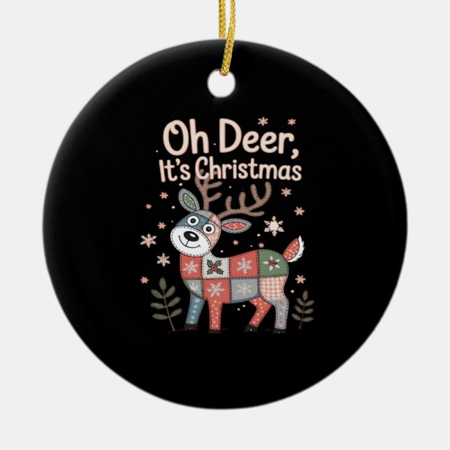 Oh Deer Its Christmas Miniature Patchwork Squares Ceramic Ornament (Front)