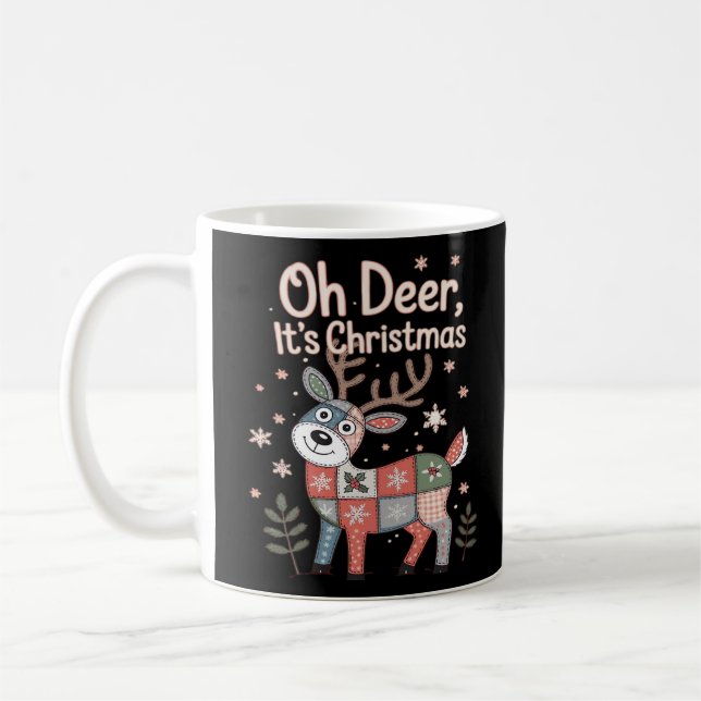 Oh Deer Its Christmas Miniature Patchwork Squares Coffee Mug (Left)