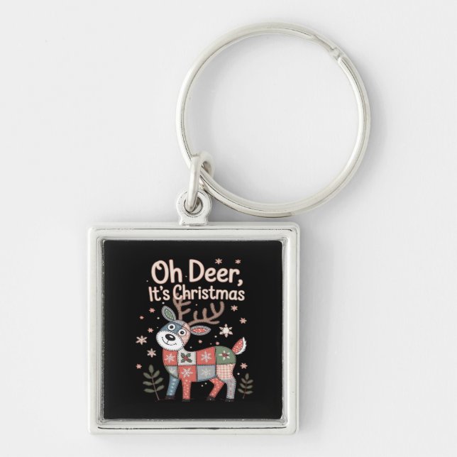Oh Deer Its Christmas Miniature Patchwork Squares Keychain (Front)