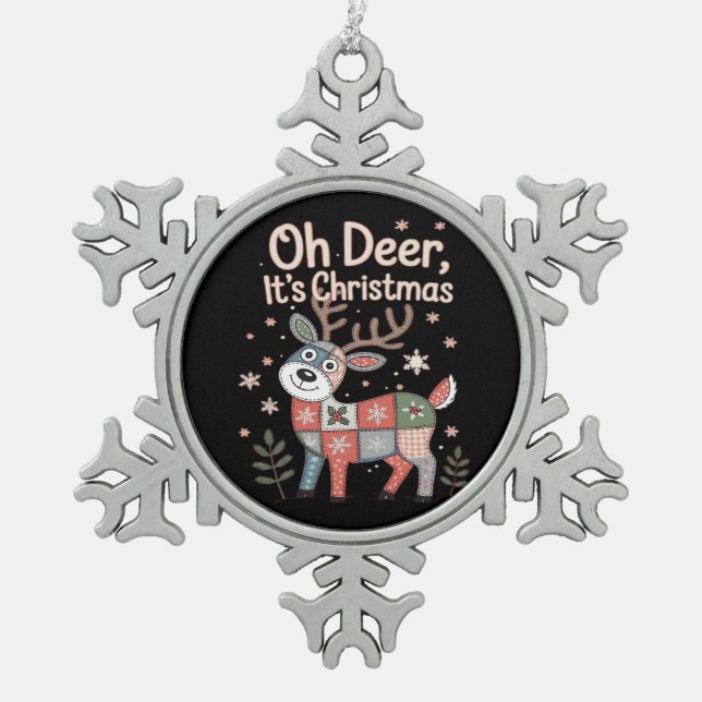 Oh Deer Its Christmas Miniature Patchwork Squares Snowflake Pewter Christmas Ornament (Front)