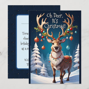 Oh Deer It's Christmas Whimsical Reindeer Cheer Holiday Card