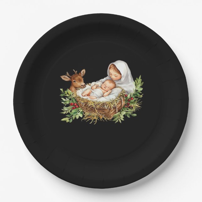 Oh Deer Mary Nativity Scene Christmas Jesus   Paper Plate (Front)