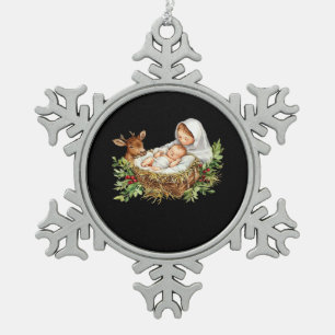 Oh Deer Mary Nativity Scene Christmas Jesus Snowflake Pewter Christmas Ornament