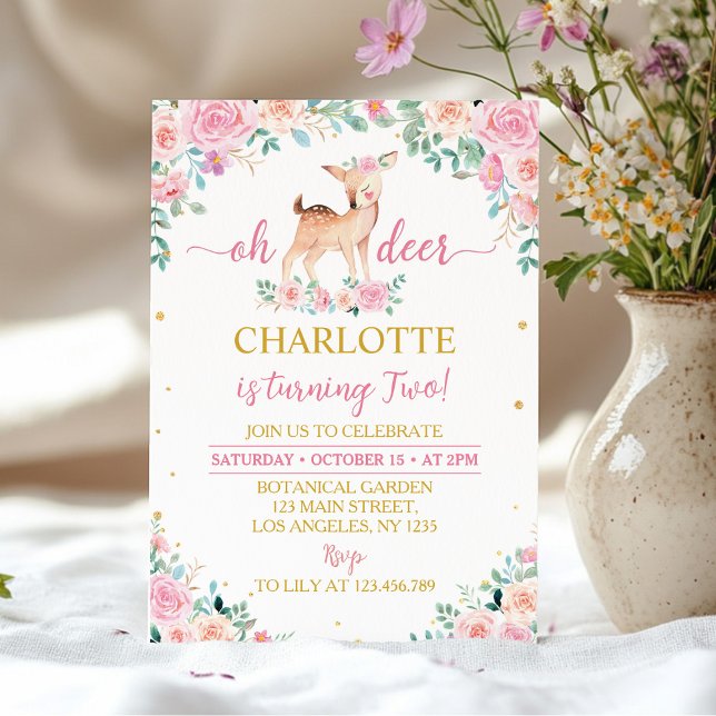 Oh Deer Pink Floral 2e Invitation anniversaire (Créateur téléchargé)