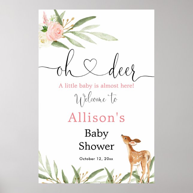 Oh deer pink floral girl baby shower welcome sign (Front)