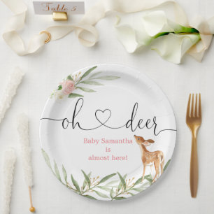 Oh deer pink gold greenery deer baby shower paper plate