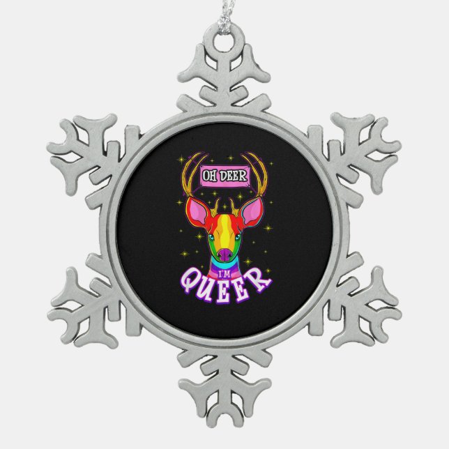 Oh Deer Queer Pride Month Celebration Gift  Snowflake Pewter Christmas Ornament (Front)