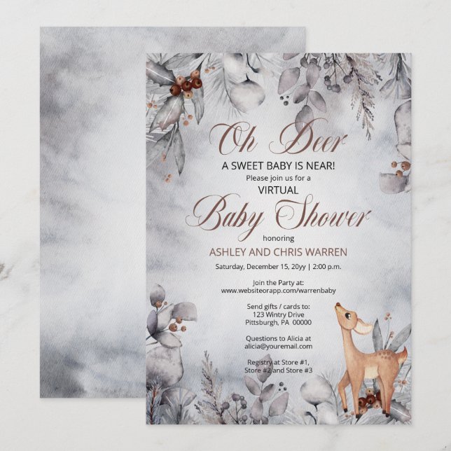 Oh Deer Rustic Winter Floral Virtual Baby Shower I Invitation (Front/Back)