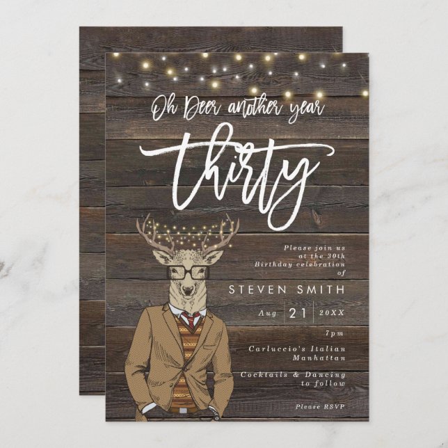 oh deer rustic wood lights 30th birthday invitation (Front/Back)