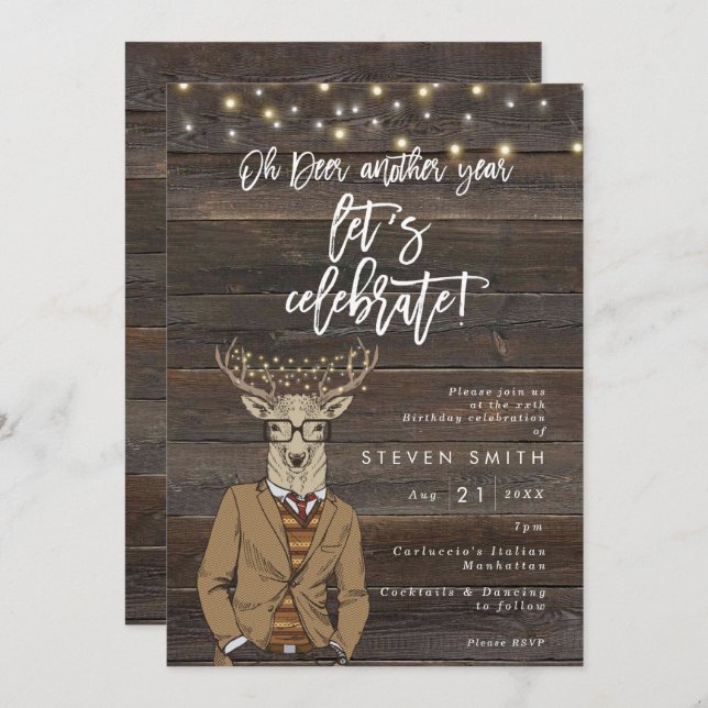 Oh deer rustic wood lights birthday party invitation (Front/Back)