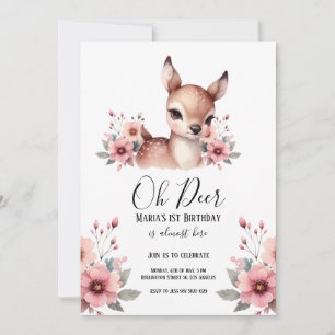 Oh Deer Watercolor Kids 1st Birthday Party Invitation