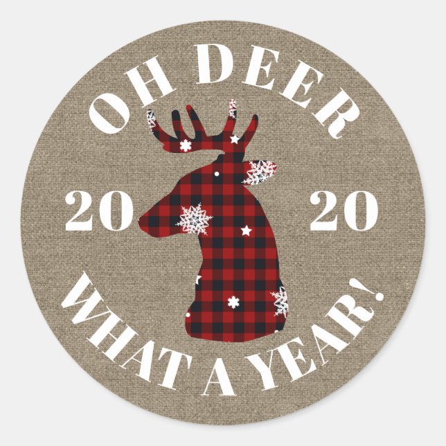 Oh Deer What a Year 2020 Burlap Buffalo Plaid Classic Round Sticker (Front)