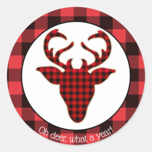 Oh Deer What a Year Buffalo Plaid Christmas Classic Round Sticker