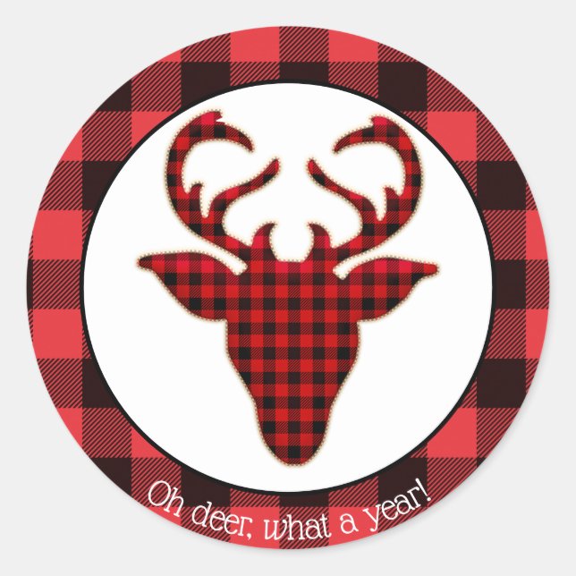 Oh Deer What a Year Buffalo Plaid Christmas Classic Round Sticker (Front)