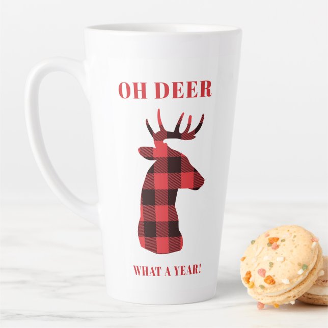Oh Deer What a Year Buffalo Plaid Holidays Latte Mug (In Situ)
