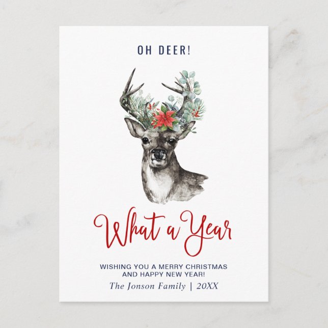Oh Deer What a Year Christmas Holiday Greeting Postcard (Front)