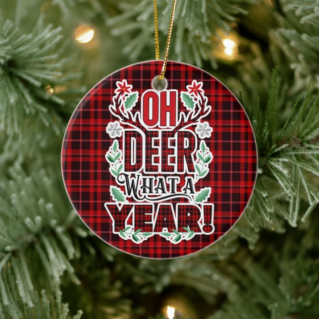Oh Deer What a Year Christmas Photo Ceramic Ornament (Tree)
