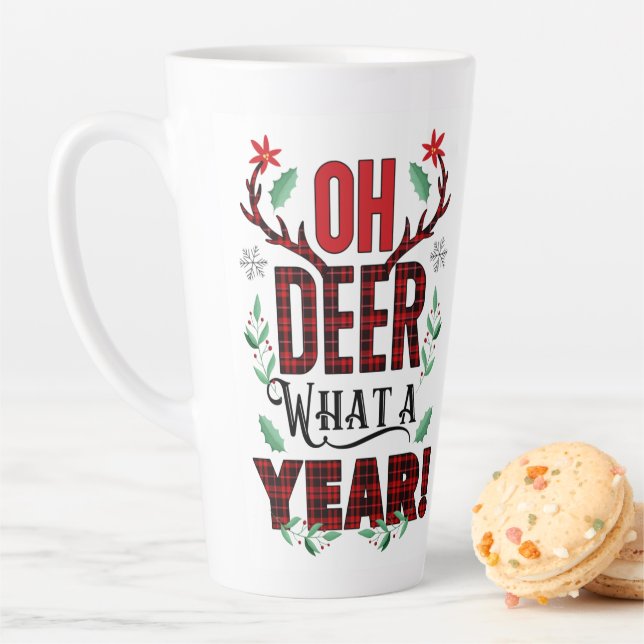 Oh Deer What a Year Christmas Plaid Latte Mug (In Situ)