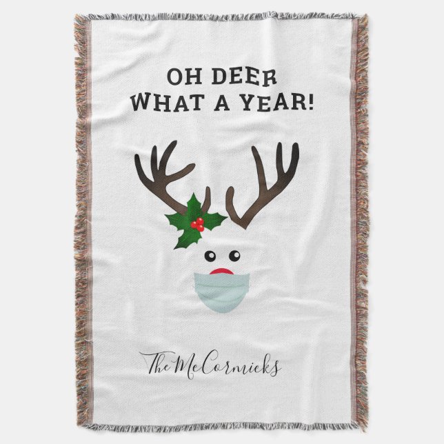 Oh Deer What A Year Christmas Reindeer Family Name Throw Blanket (Front Vertical)