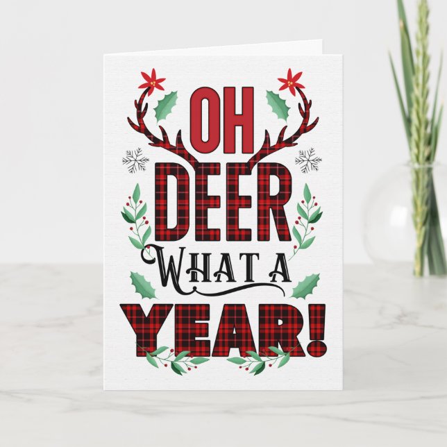 Oh DEER What a Year Christmas Tartan Typography Holiday Card (Front)