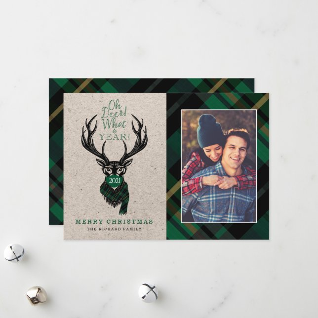 Oh Deer What a Year! Reindeer Plaid Scarf & Mask Holiday Card (Front/Back In Situ)