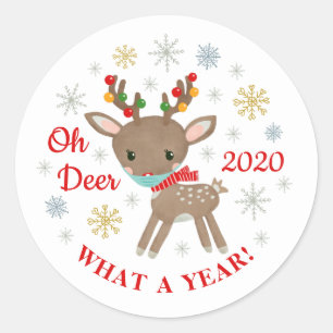 Oh Deer What A Year Reindeer With Mask Christmas Classic Round Sticker