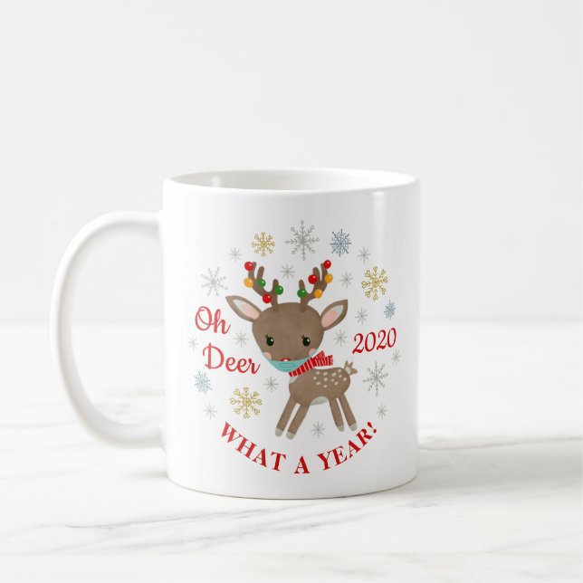 Oh Deer What A Year Reindeer With Mask Christmas Coffee Mug (Left)