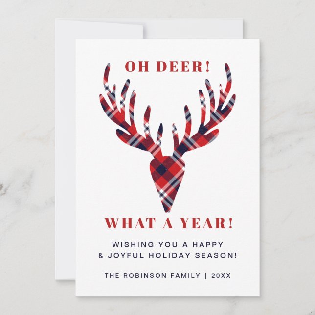 Oh Deer What a Year Rustic Tartan Plaid Christmas Holiday Card (Front)