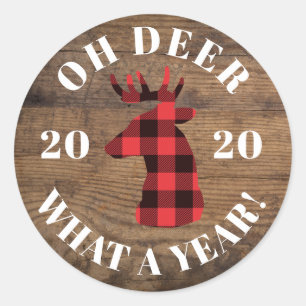Oh Deer What a Year Wood Buffalo Plaid 2020 Classic Round Sticker