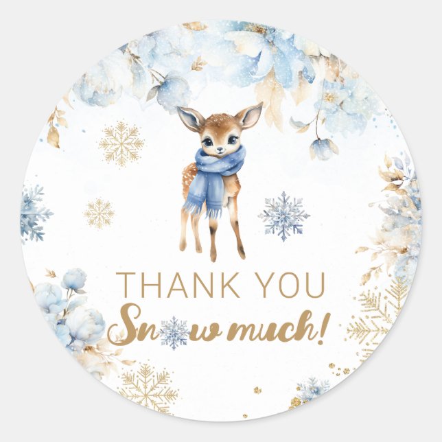 Oh Deer Winter Baby Boy Shower Classic Round Sticker (Front)