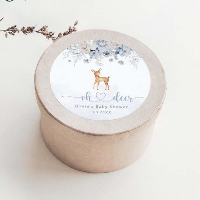 Oh deer winter blue boy baby shower classic round sticker (Creator Uploaded)