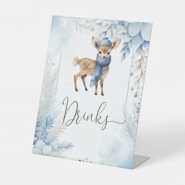 Oh Deer Winter Boy Baby Shower Drinks Pedestal Sign (Front)