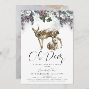 Oh Deer Winter Foliage & Red Berries Baby Shower Invitation