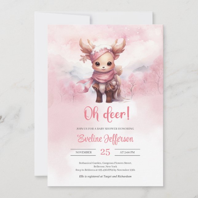 Oh deer winter pink baby deer in snowy forest invitation (Front)