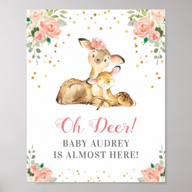 Oh Deer Woodland Baby Girl Shower Peach Floral Poster (Front)