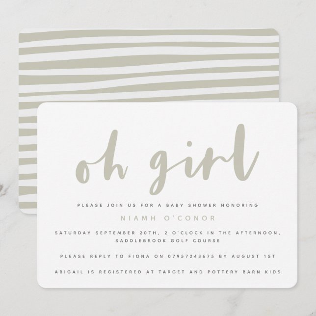 Oh fille, baby shower invitation de fête (sable) (Devant / Derrière)