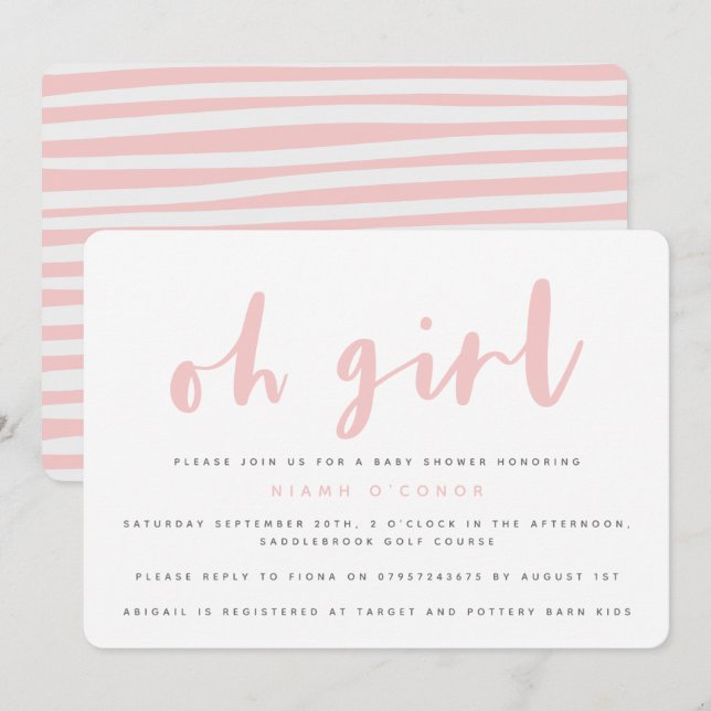 Oh fille, invitation de partie de baby shower (Devant / Derrière)
