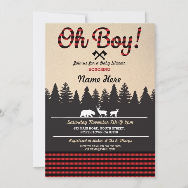 Oh Garçon Baby shower de bûcheron Invitation rouge (Devant)