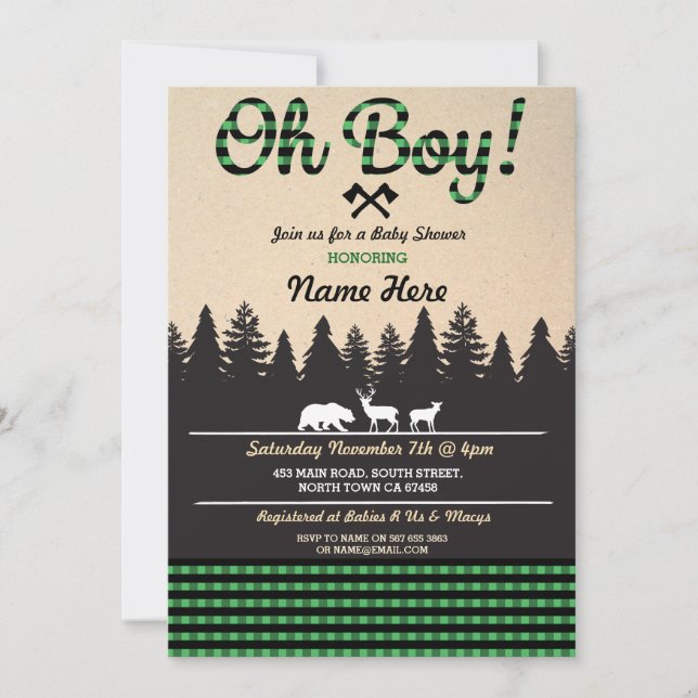 Oh Garçon Baby shower de bûcherons Invitation vert (Devant)
