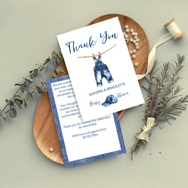 Oh garçon blue jeans baby shower modèle (Oh boy blue jeans baby shower template thank you card modern minimalist  thank you cards cute )