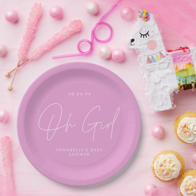 oh girl Baby shower bright cerise pink elegant  Paper Plate (Party)